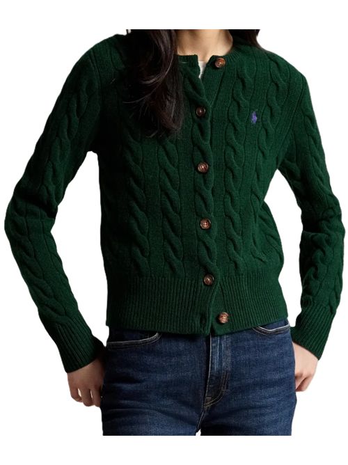 Cardigan girocollo in maglia di lana e cashmere a trecce verde con ricamo Pony Polo Ralph Lauren | 211-972104-503COLLEGE GREEN